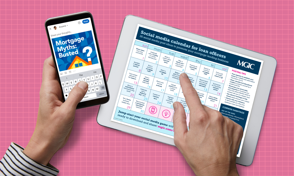 Social media calendar for loan officers Loan officer using the social media calendar and posting on his phone